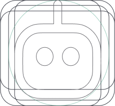 An icon depicting a minimalist robot face, with two circular eyes and an antenna-like feature on top of its head. The robot's face is enclosed within a rounded square. The design includes several geometric outlines and circular guides, giving it a structured and technical appearance, representing anti-bot technology. This icon visually supports the concept of 'Bot-Free' functionality in Emerald, a video chat platform with built-in measures to prevent bot interference